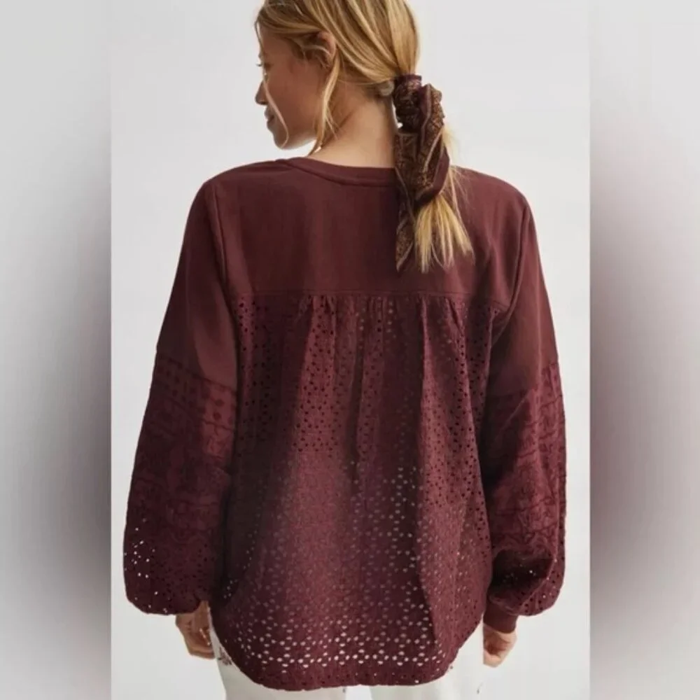 Anthropologie Plum Eyelet Yoke VNeck Pullover Sweatshirt Ballon Sleeve Top SMALL